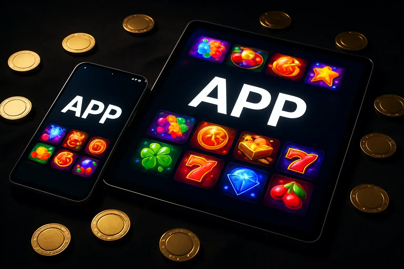 Android phone and tablet showing APP on glowing casino interface