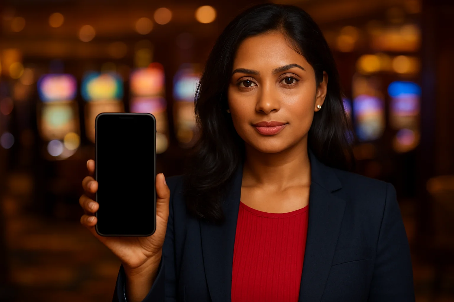 Confident Bangladeshi woman showing blank phone screen in casino VIP area