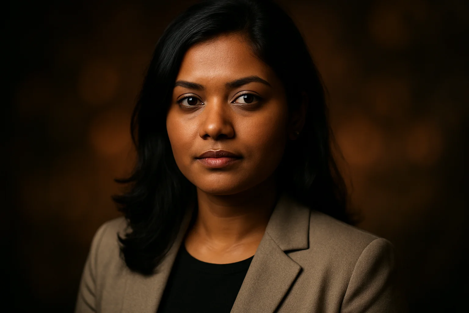 High-resolution portrait of confident Bangladeshi woman in smart casual on abstract settings-themed background