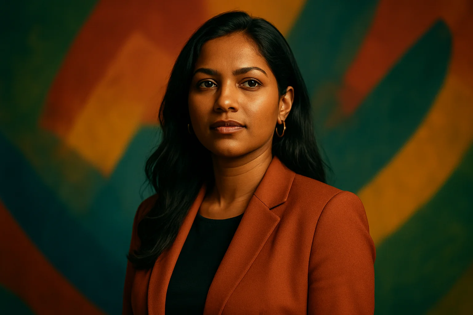 High-resolution portrait of confident Bangladeshi woman with multi-sport theme colors