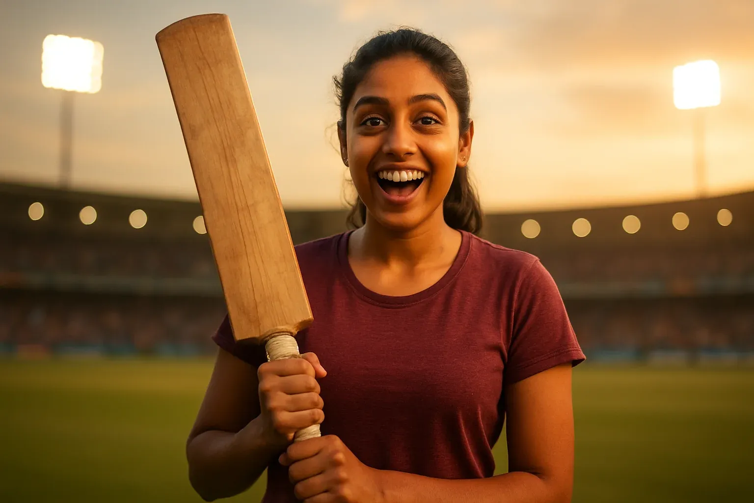 Excited Bangladeshi woman holding cricket bat in stadium sports portrait