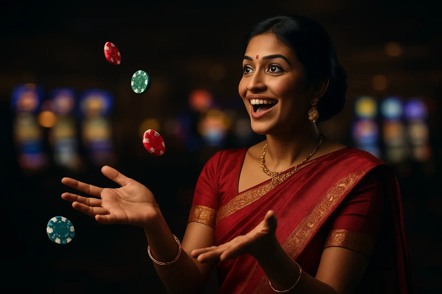 Excited Bangladeshi woman in elegant saree catching falling casino chips