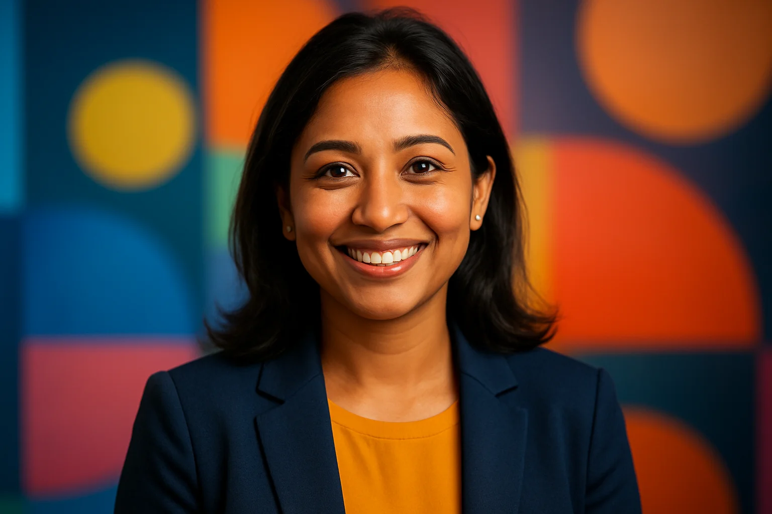 High-resolution portrait of smiling Bangladeshi woman on abstract geometric background