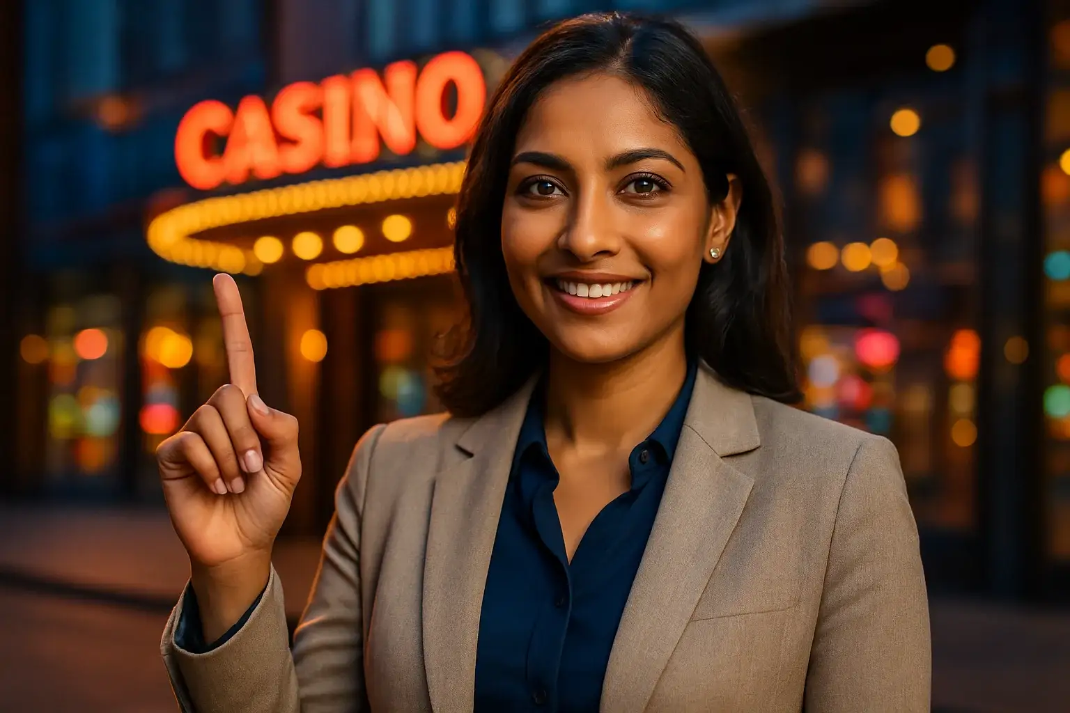 Sophisticated Bangladeshi woman pointing upward, smiling, blurred casino entrance background