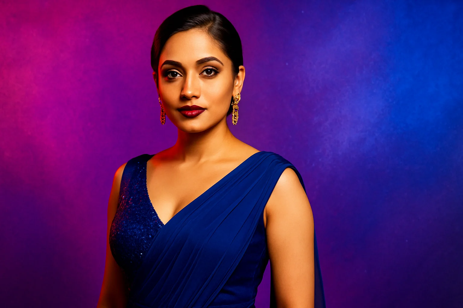 High-resolution portrait of sophisticated Bangladeshi woman in evening dress on purple silver gradient background