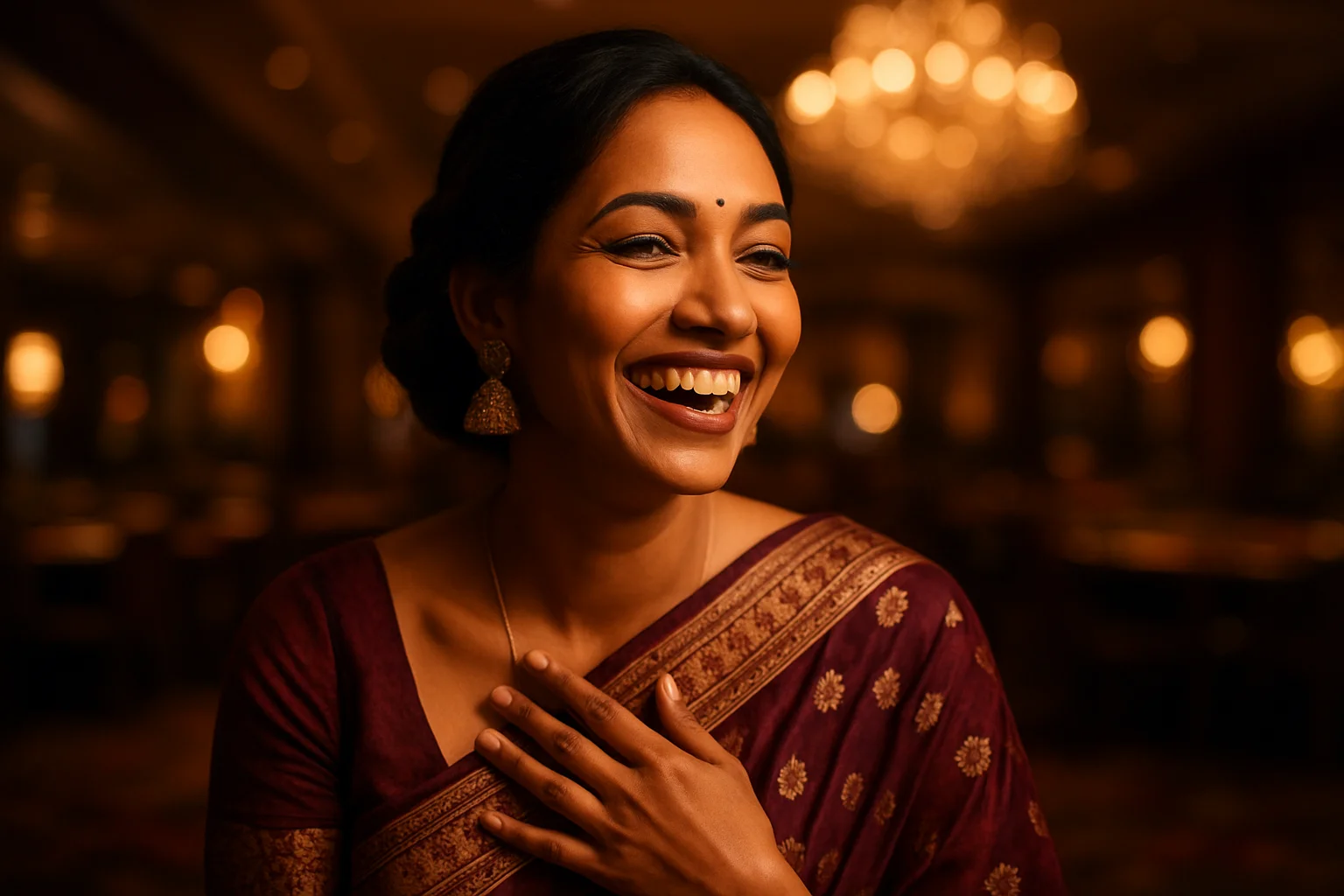 Sophisticated Bangladeshi woman in elegant saree laughing in VIP casino lounge