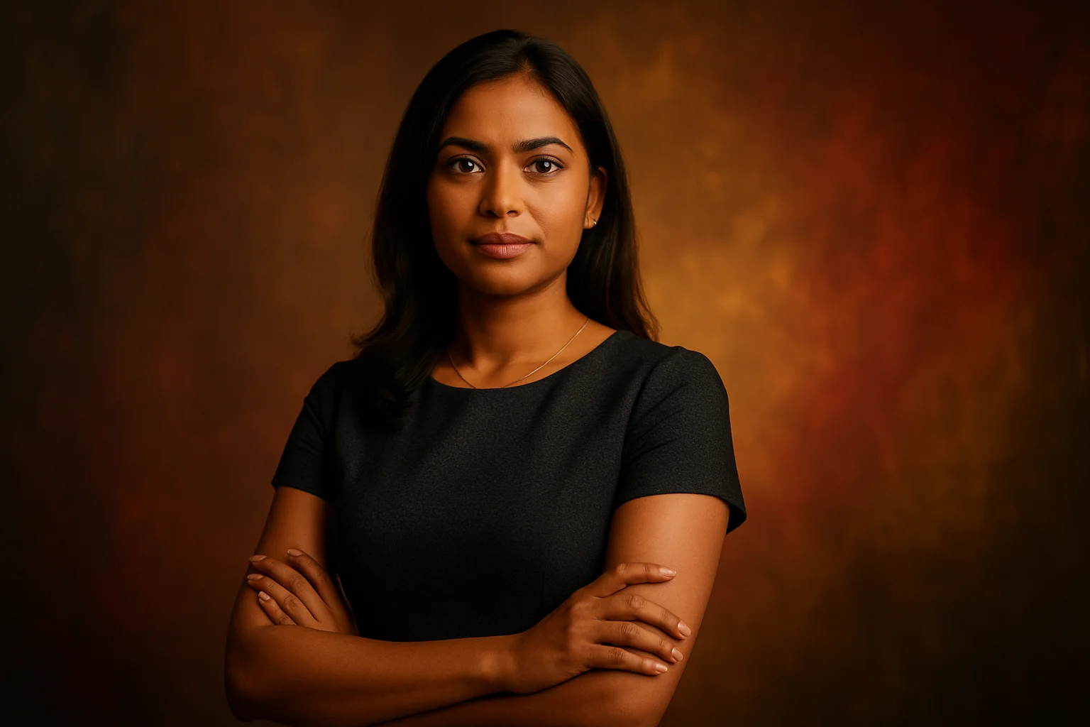 High-resolution portrait of confident Bangladeshi woman with gold and red lighting