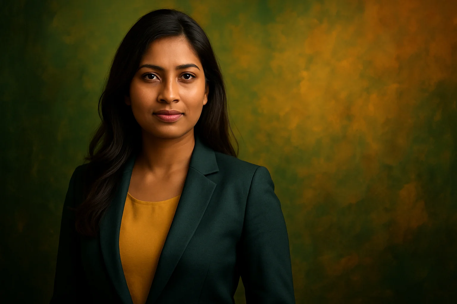 High-resolution portrait of confident Bangladeshi woman on jungle green and gold abstract background