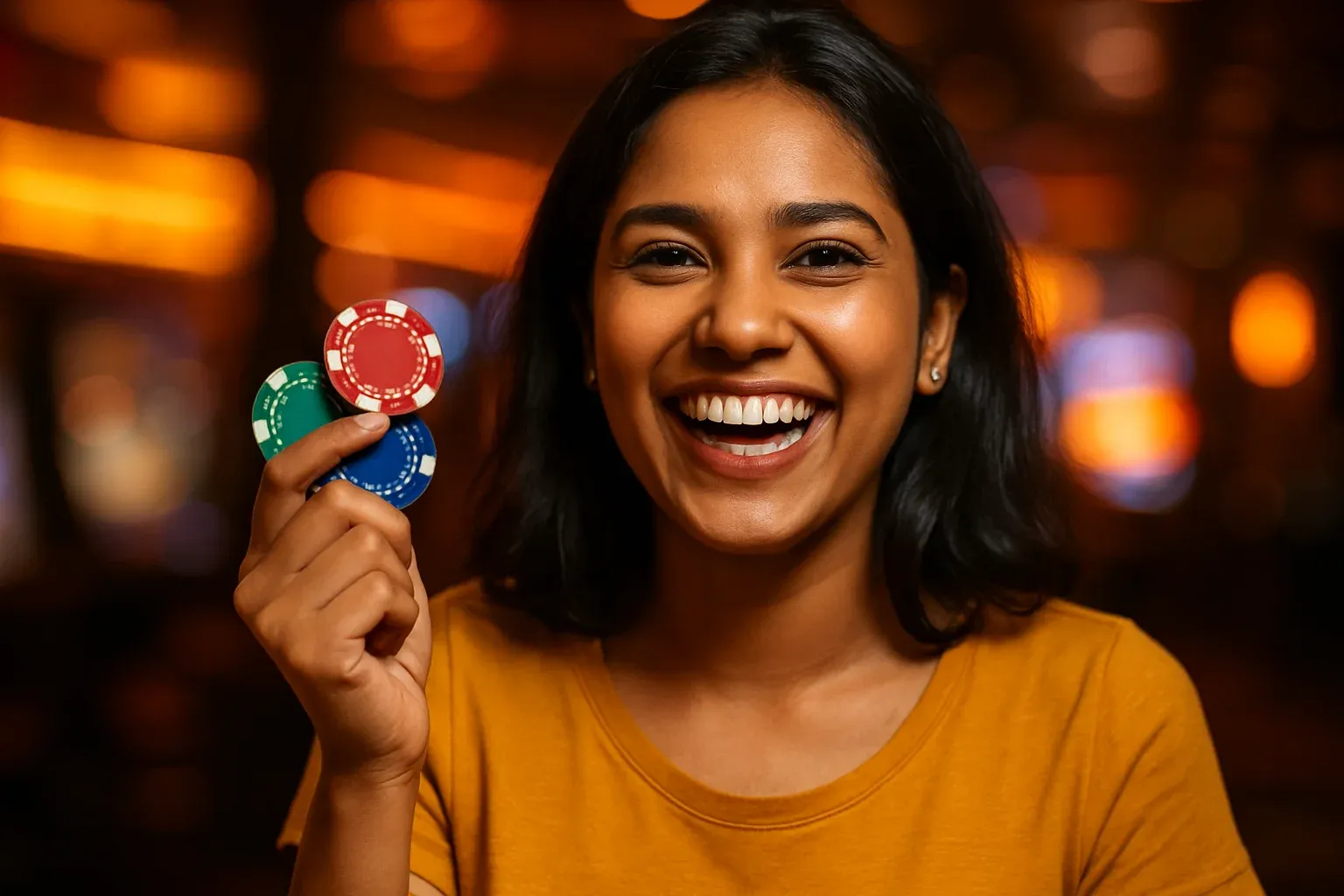 Joyful Bangladeshi woman holding casino chips in victory, blurred neon casino background